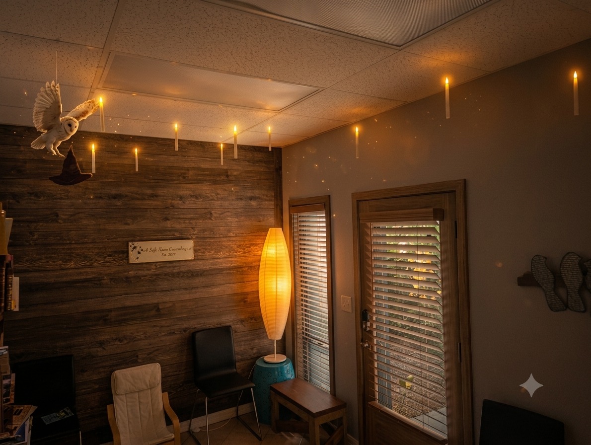 The warm counseling room where healing happens, lit by hanging candles